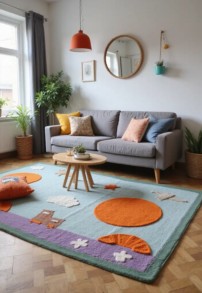 28 Living Room Rugs With Grey Couch Ideas That Feel Warm and Balanced - 24. Whimsical Designs