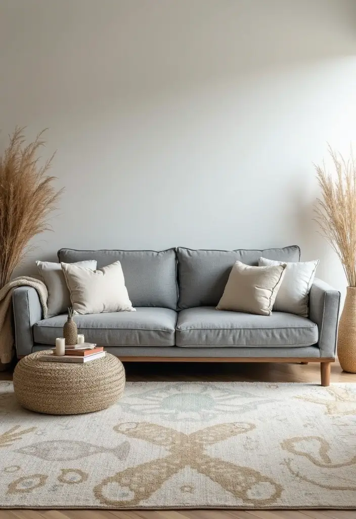 28 Living Room Rugs With Grey Couch Ideas That Feel Warm and Balanced - 25. Coastal Vibes
