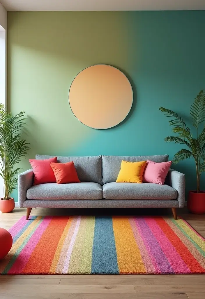 28 Living Room Rugs With Grey Couch Ideas That Feel Warm and Balanced - 26. Multi-Hued Stripes