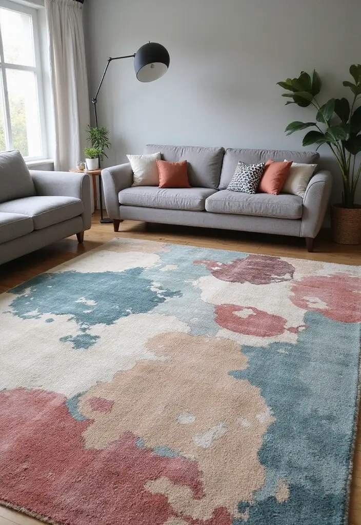 28 Living Room Rugs With Grey Couch Ideas That Feel Warm and Balanced - 27. Artistic Abstracts
