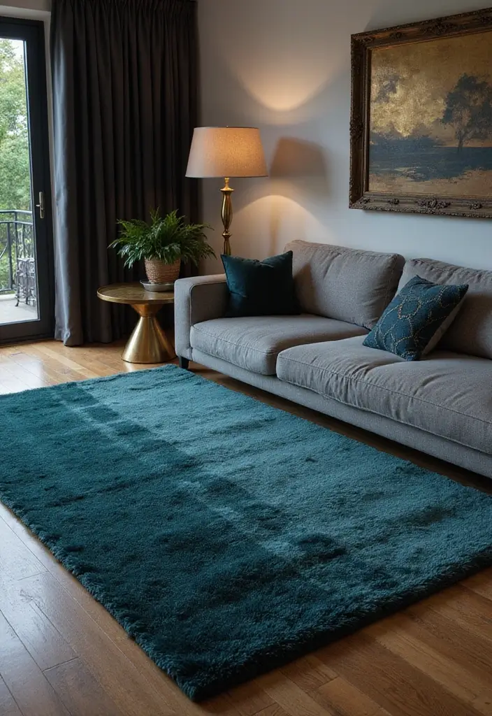 28 Living Room Rugs With Grey Couch Ideas That Feel Warm and Balanced - 5. Rich Jewel Tones