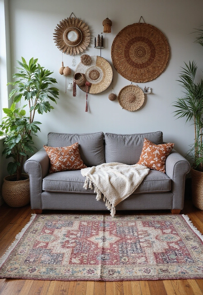 28 Living Room Rugs With Grey Couch Ideas That Feel Warm and Balanced - 6. Bohemian Layers
