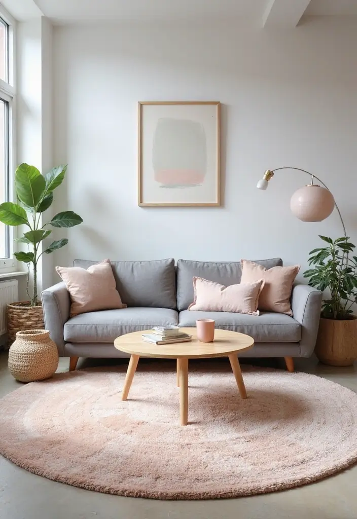28 Living Room Rugs With Grey Couch Ideas That Feel Warm and Balanced - 7. Soft Pastels