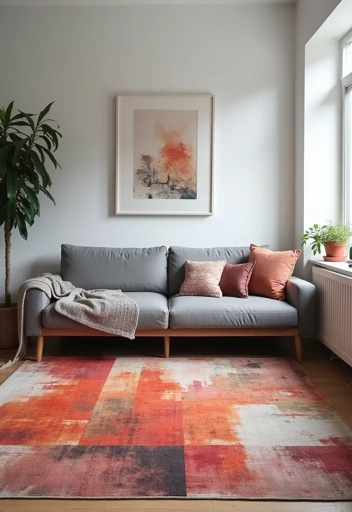28 Living Room Rugs With Grey Couch Ideas That Feel Warm and Balanced - 8. Graphic Prints