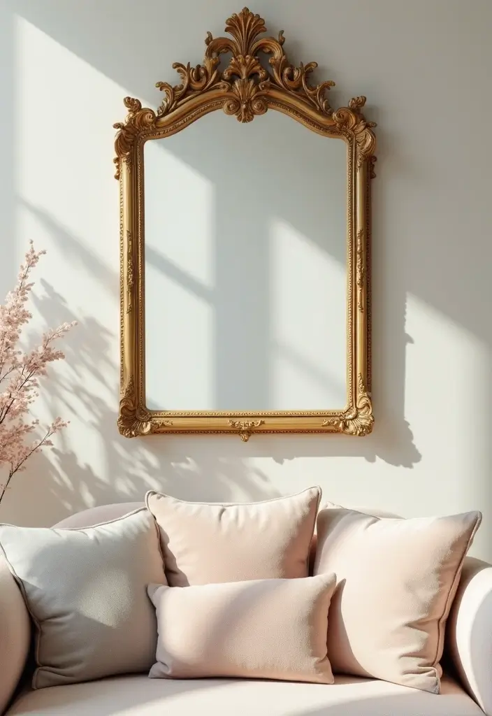 28 Mirrors in Living Room Ideas That Add Light and Depth - 1. Vintage Gold-Framed Mirror
