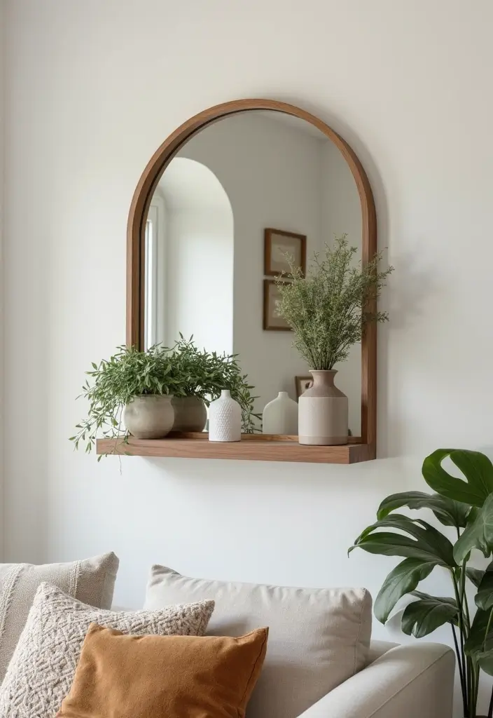 28 Mirrors in Living Room Ideas That Add Light and Depth - 11. Wall-Mounted Mirror with Shelves