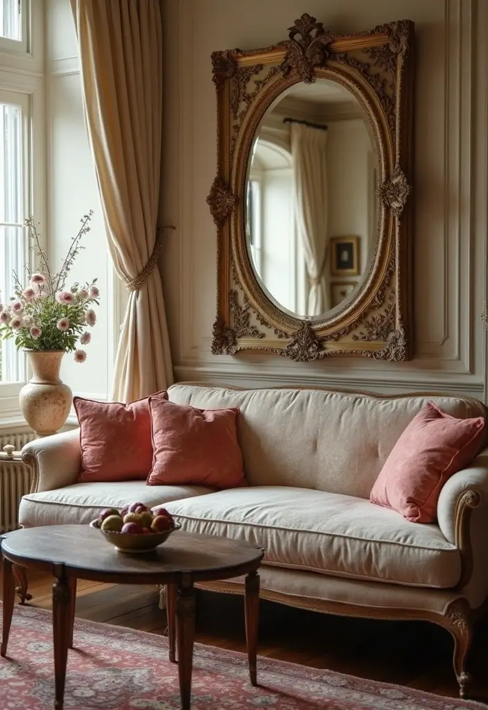 28 Mirrors in Living Room Ideas That Add Light and Depth - 13. Antique Oval Mirror