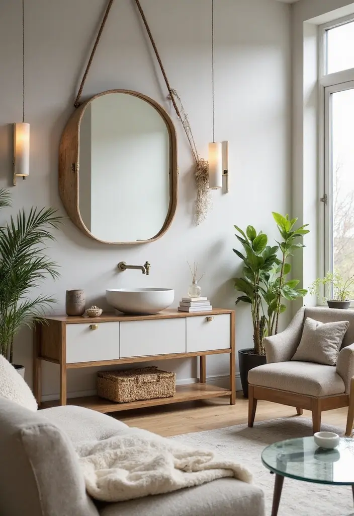 28 Mirrors in Living Room Ideas That Add Light and Depth - 14. Decorative Bathroom Mirror in Living Room