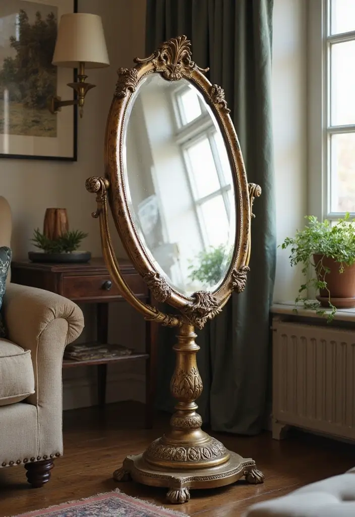28 Mirrors in Living Room Ideas That Add Light and Depth - 15. Vintage Pedestal Mirror