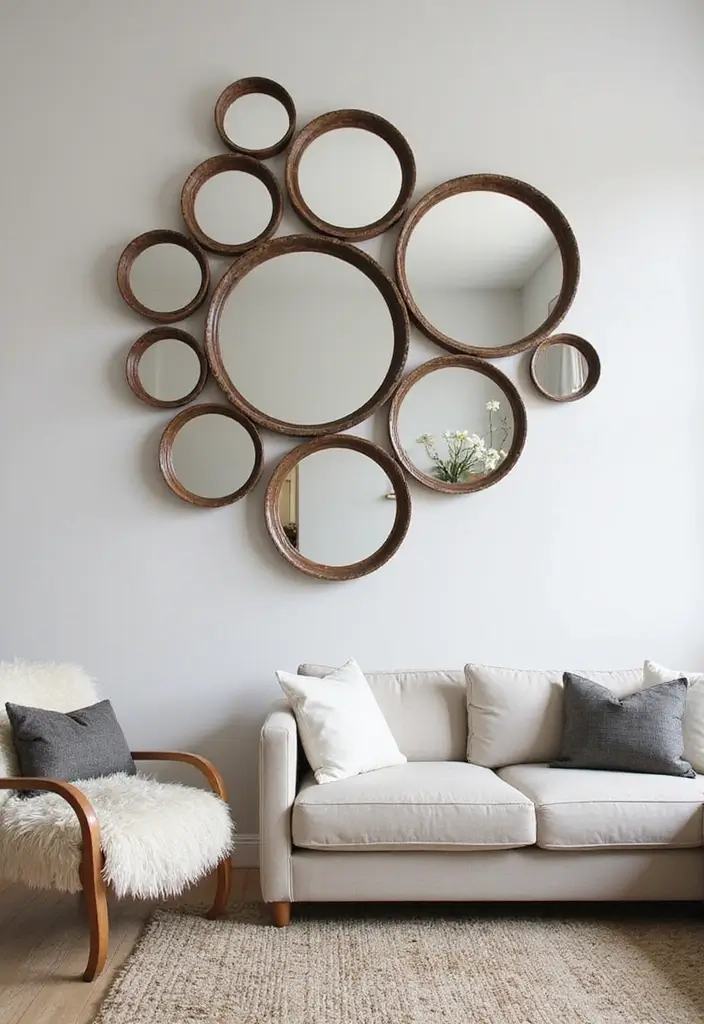 28 Mirrors in Living Room Ideas That Add Light and Depth - 16. Clustered Round Mirrors