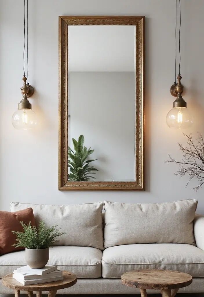 28 Mirrors in Living Room Ideas That Add Light and Depth - 17. Mirror with a Decorative Border