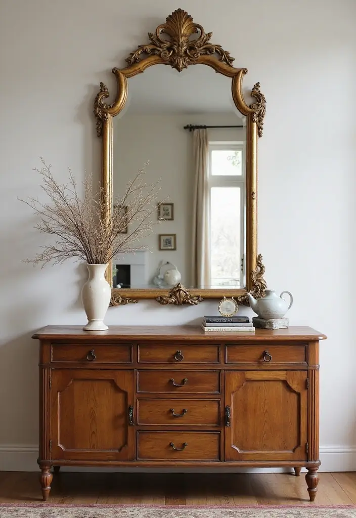 28 Mirrors in Living Room Ideas That Add Light and Depth - 18. Vintage Mirror with French Provincial Design