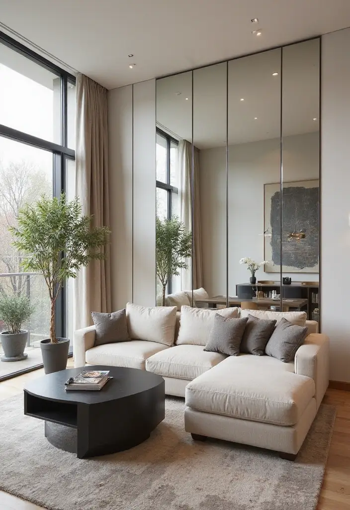 28 Mirrors in Living Room Ideas That Add Light and Depth - 19. Mirrored Wall Panels