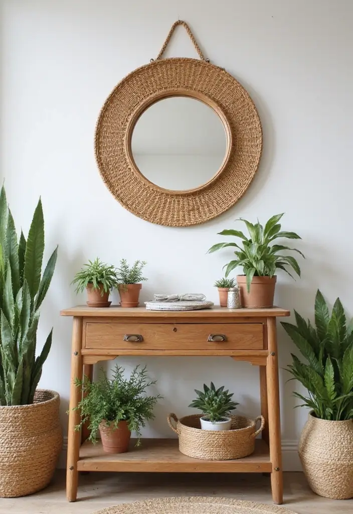 28 Mirrors in Living Room Ideas That Add Light and Depth - 2. Round Wall Mirror with Rattan Frame