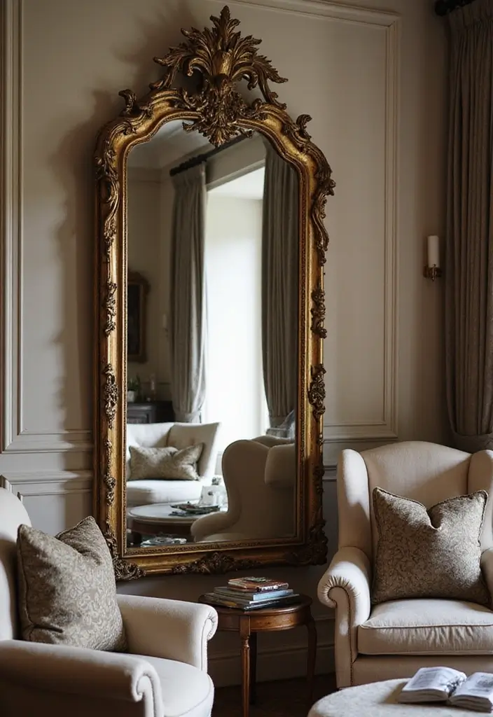 28 Mirrors in Living Room Ideas That Add Light and Depth - 22. Vintage Mirror with Ornate Framing