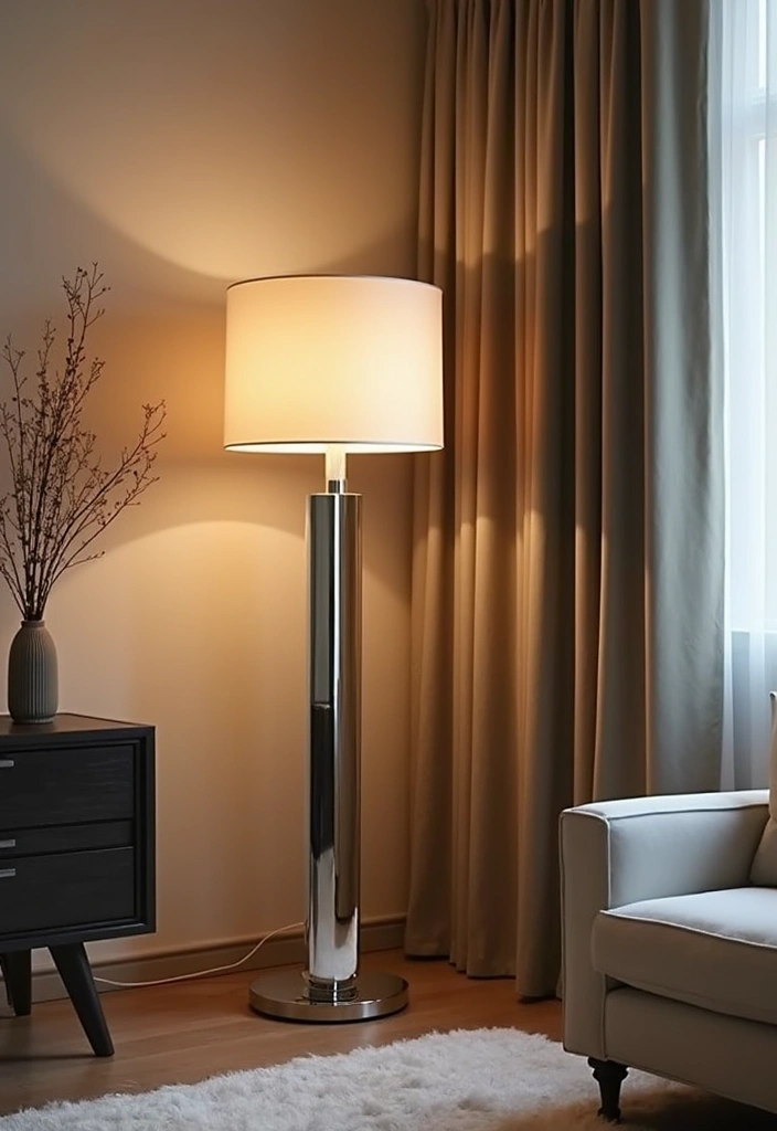 28 Mirrors in Living Room Ideas That Add Light and Depth - 23. Mirrored Floor Lamp