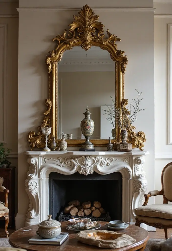 28 Mirrors in Living Room Ideas That Add Light and Depth - 24. Vintage Baroque Mirror