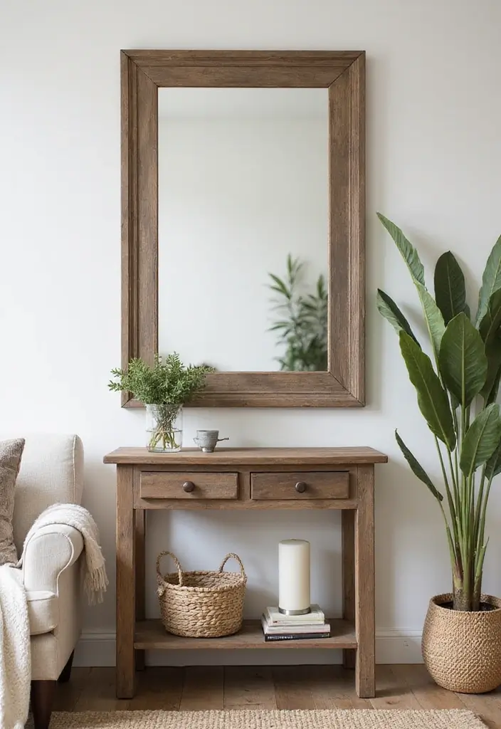 28 Mirrors in Living Room Ideas That Add Light and Depth - 25. Farmhouse Style Mirror