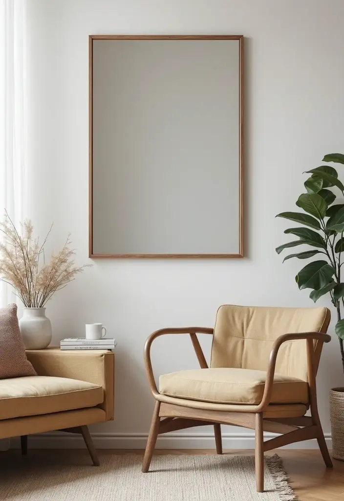 28 Mirrors in Living Room Ideas That Add Light and Depth - 26. Mid-Century Modern Mirror