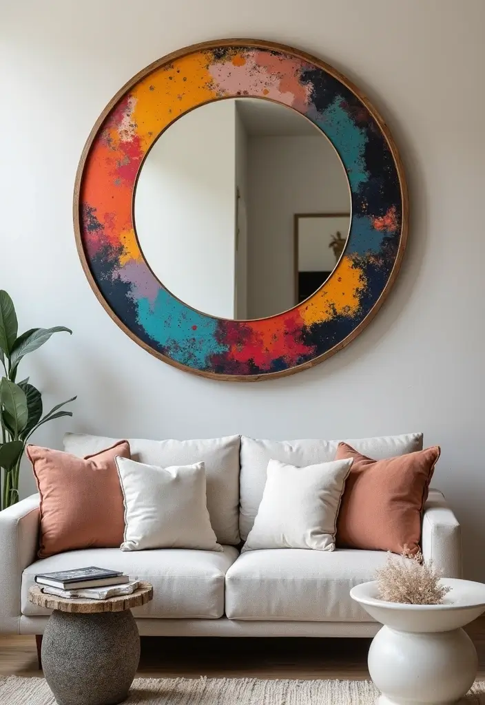 28 Mirrors in Living Room Ideas That Add Light and Depth - 27. Artistic Abstract Mirror