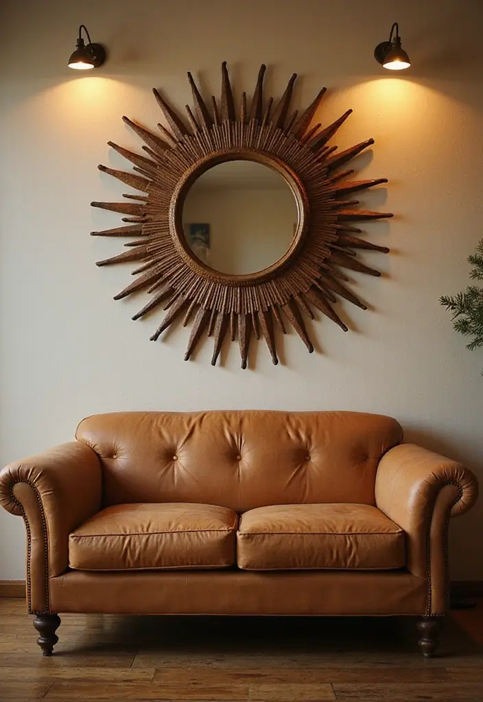 28 Mirrors in Living Room Ideas That Add Light and Depth - 5. Vintage Sunburst Mirror