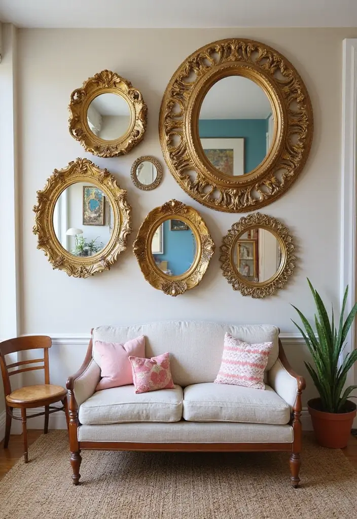 28 Mirrors in Living Room Ideas That Add Light and Depth - 7. Vintage Framed Collage of Mirrors