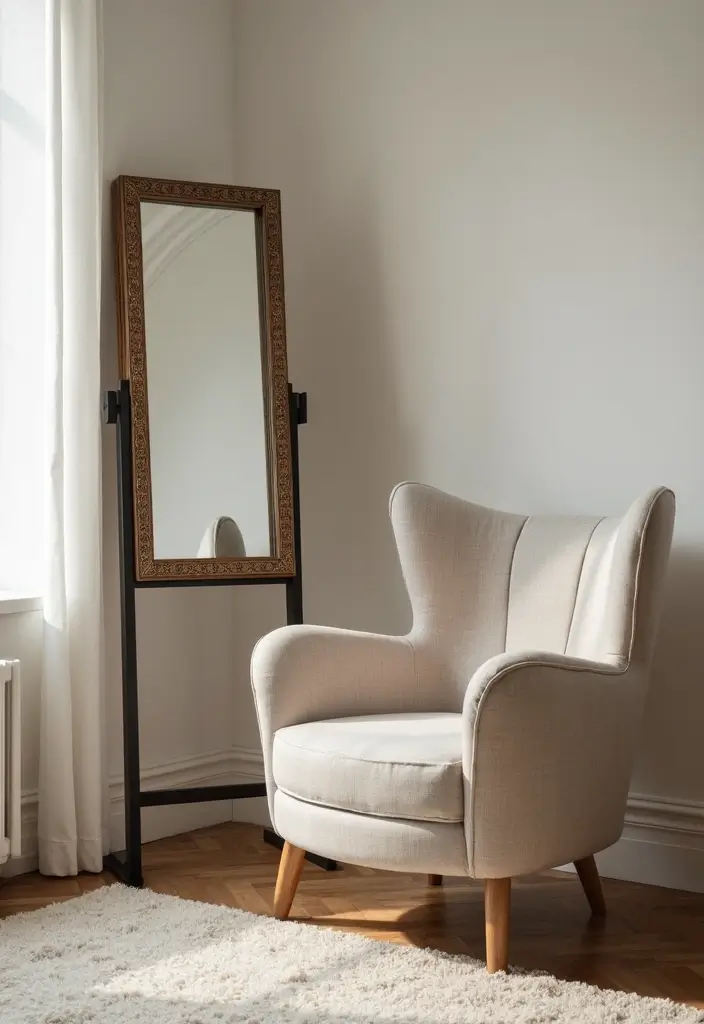 28 Mirrors in Living Room Ideas That Add Light and Depth - 8. Decorative Mirror on a Stand