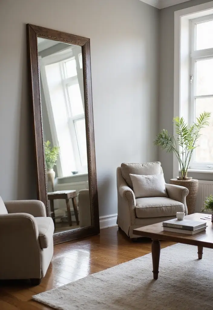 28 Mirrors in Living Room Ideas That Add Light and Depth - 9. Leaning Mirror Against the Wall