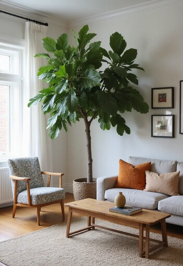 28 Nature Living Room Ideas That Bring the Outdoors In - 27. Use Potted Trees for Drama