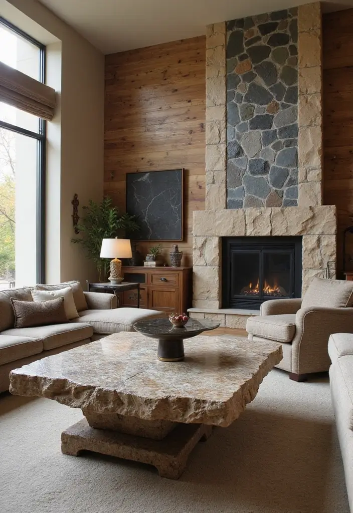 28 Nature Living Room Ideas That Bring the Outdoors In - 9. Use Natural Stone Elements