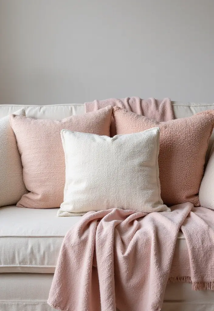 28 Pink Aesthetic Living Room Ideas That Feel Cute and Feminine - 1. Soft Blush Throw Pillows