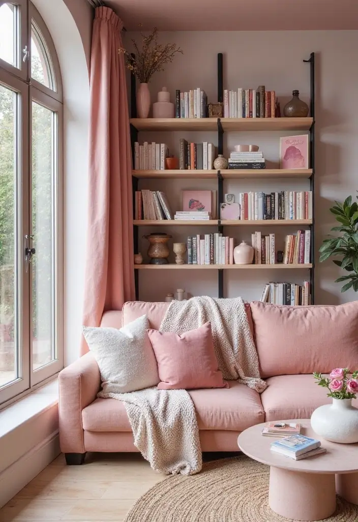 28 Pink Aesthetic Living Room Ideas That Feel Cute and Feminine - 10. Pink Themed Bookshelf