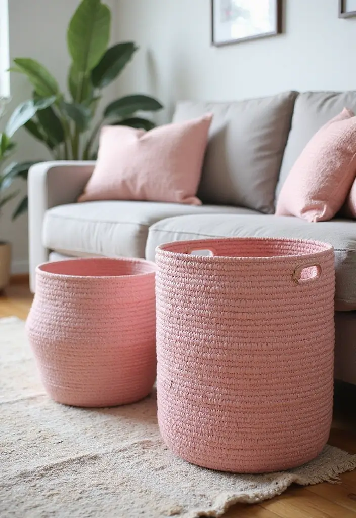 28 Pink Aesthetic Living Room Ideas That Feel Cute and Feminine - 11. Pink Woven Baskets