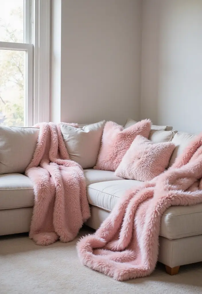 28 Pink Aesthetic Living Room Ideas That Feel Cute and Feminine - 16. Pink Faux Fur Accents