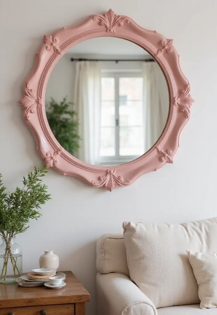 28 Pink Aesthetic Living Room Ideas That Feel Cute and Feminine - 18. Pink Decorative Mirrors