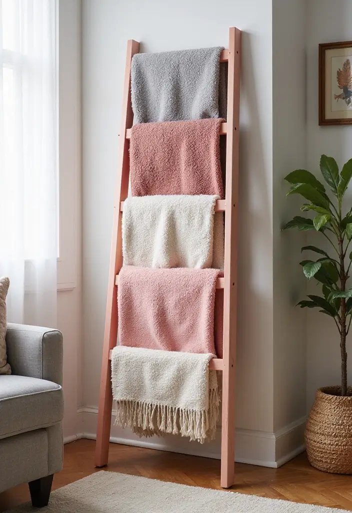28 Pink Aesthetic Living Room Ideas That Feel Cute and Feminine - 19. Pink Throw Blanket Ladder