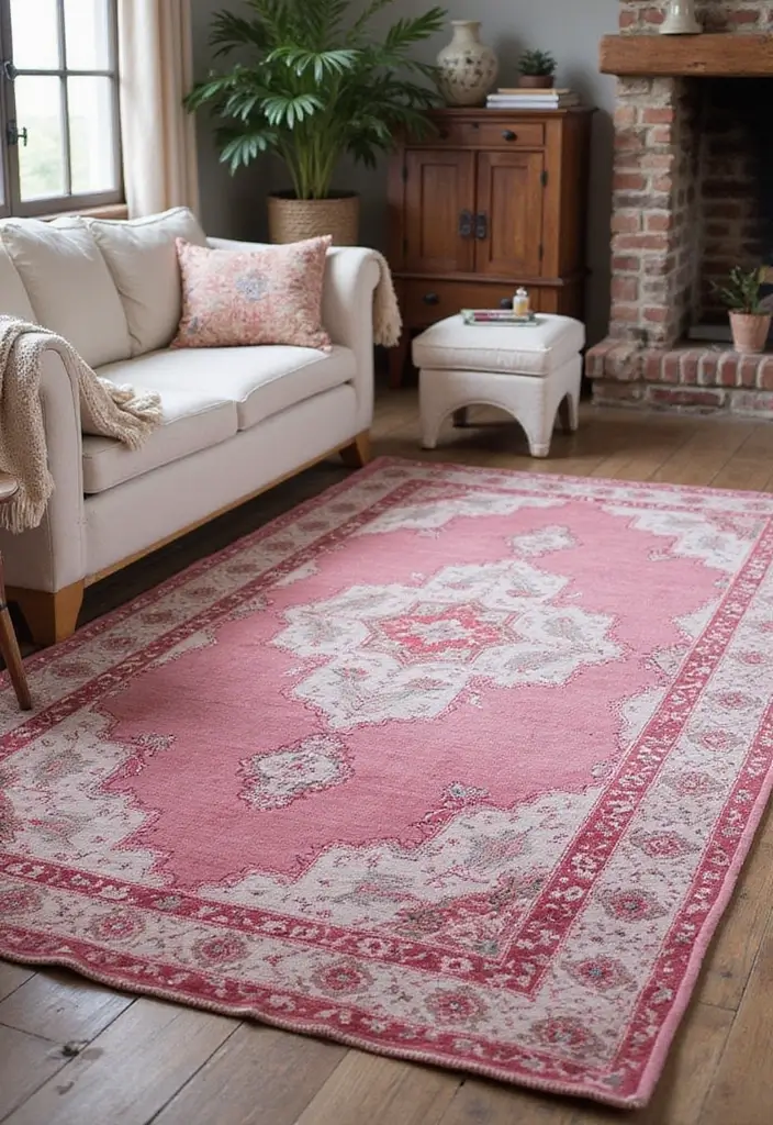 28 Pink Aesthetic Living Room Ideas That Feel Cute and Feminine - 2. Vintage Pink Rugs