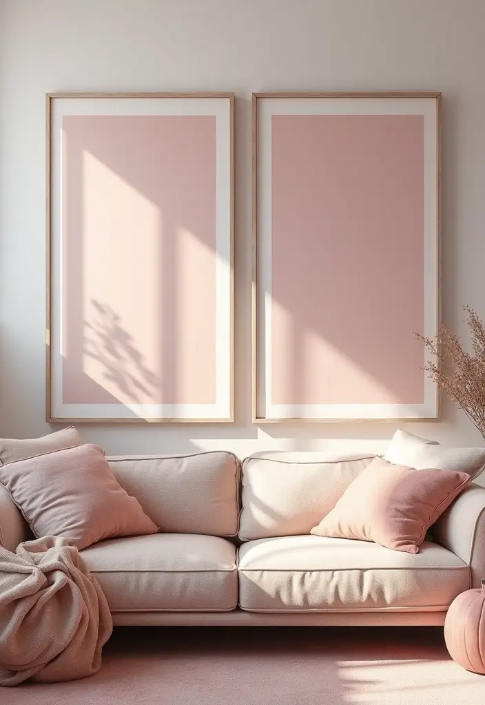 28 Pink Aesthetic Living Room Ideas That Feel Cute and Feminine - 21. Pink Framed Art Prints