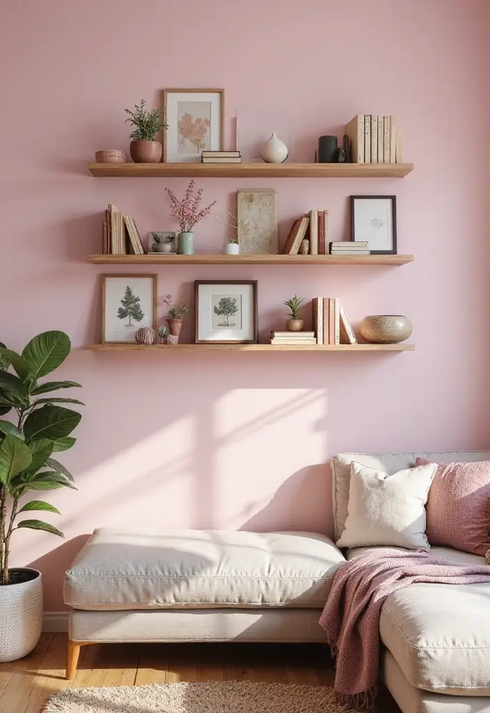 28 Pink Aesthetic Living Room Ideas That Feel Cute and Feminine - 22. Pink Wall Shelves