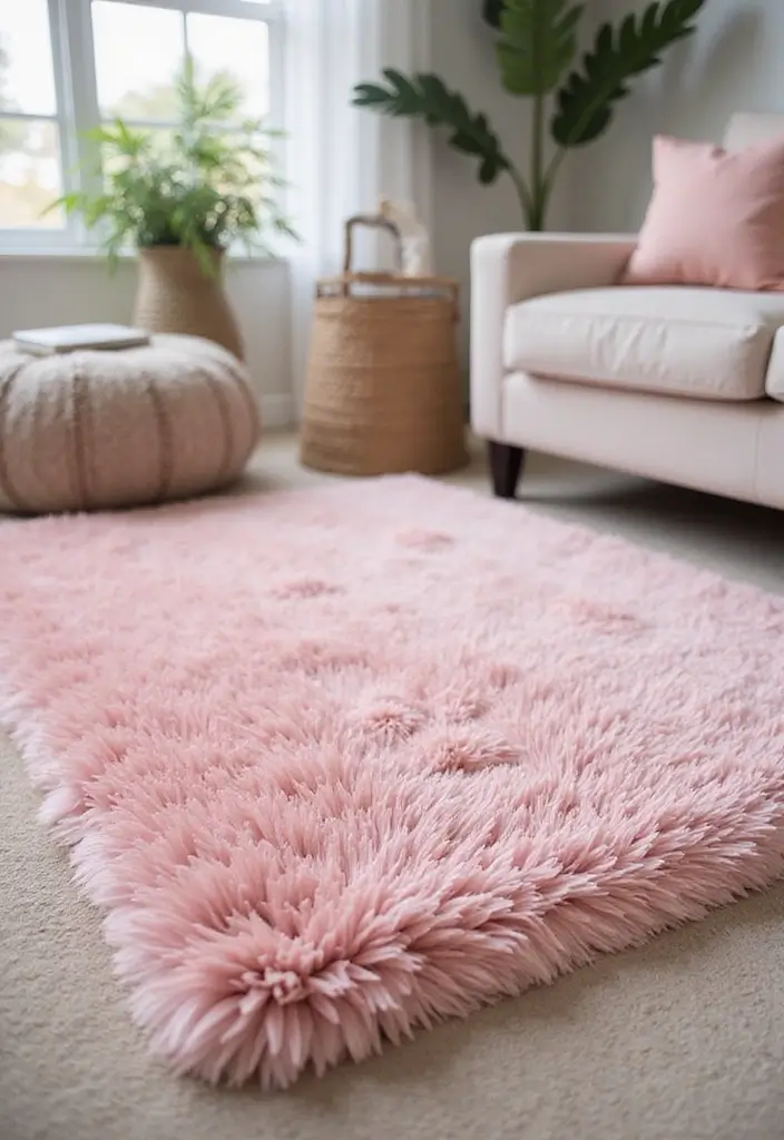 28 Pink Aesthetic Living Room Ideas That Feel Cute and Feminine - 24. Pink Plush Area Rugs