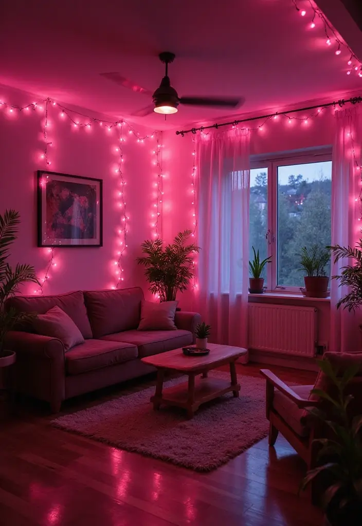 28 Pink Aesthetic Living Room Ideas That Feel Cute and Feminine - 25. Pink String Lights