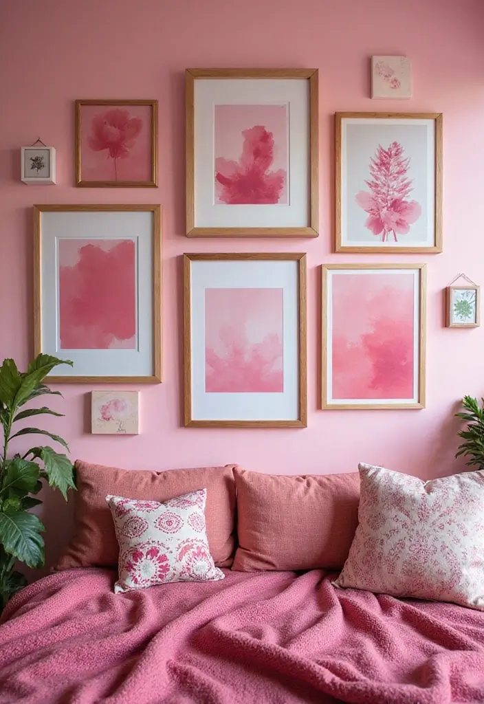 28 Pink Aesthetic Living Room Ideas That Feel Cute and Feminine - 3. Bohemian Pink Wall Art