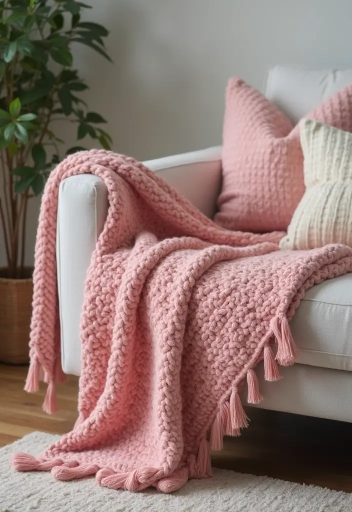 28 Pink Aesthetic Living Room Ideas That Feel Cute and Feminine - 6. Cozy Pink Throws