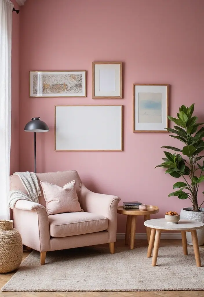 28 Pink Aesthetic Living Room Ideas That Feel Cute and Feminine - 8. Pink Accent Wall