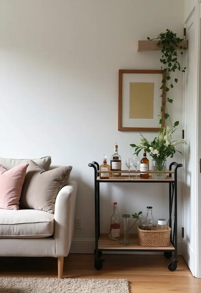 28 Small Living Room With TV Ideas That Save Space and Style - 25. Including a Small Bar Cart