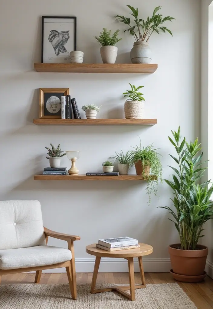 28 Small Living Room With TV Ideas That Save Space and Style - 6. Floating Shelves for Elegance and Space