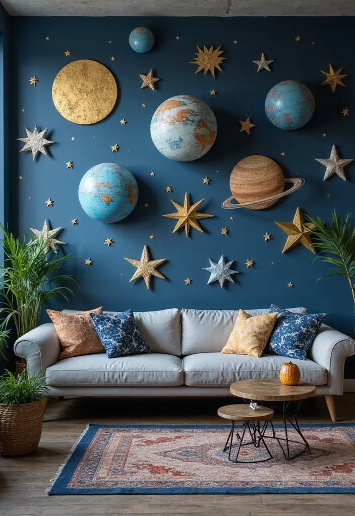 28 Stencil Designs Wall Living Room Ideas That Add Creative Flair - 10. Space-Themed Stencils
