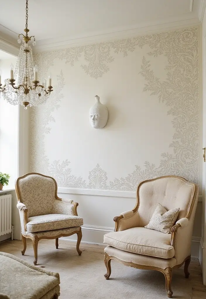 28 Stencil Designs Wall Living Room Ideas That Add Creative Flair - 4. Vintage-Inspired Lace