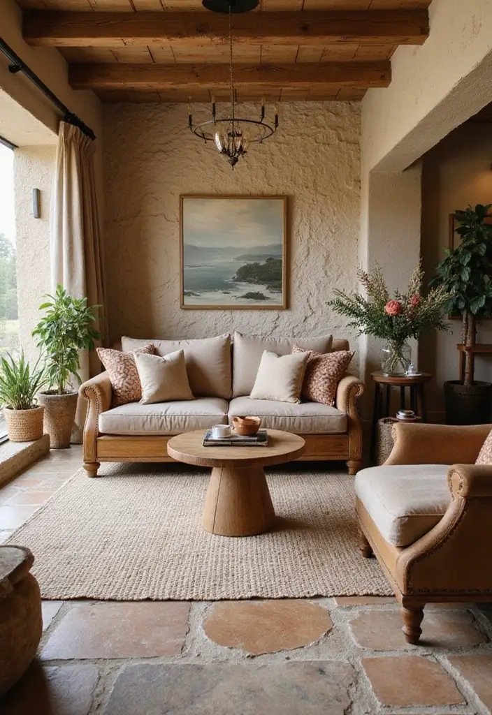 28 Stone Floor Living Room Ideas That Feel Earthy and Elegant - 1. Warm Earth Tones with Rustic Accents