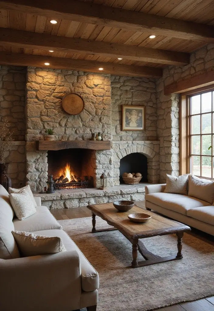 28 Stone Floor Living Room Ideas That Feel Earthy and Elegant - 10. Rustic Stone Hearths